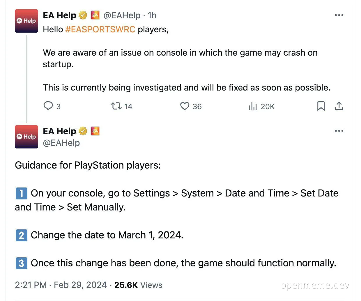 EA Help tweet about game crash issue on console