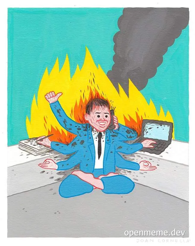 Cartoon man in blue suit sitting cross-legged on floor with laptop and papers on fire behind him