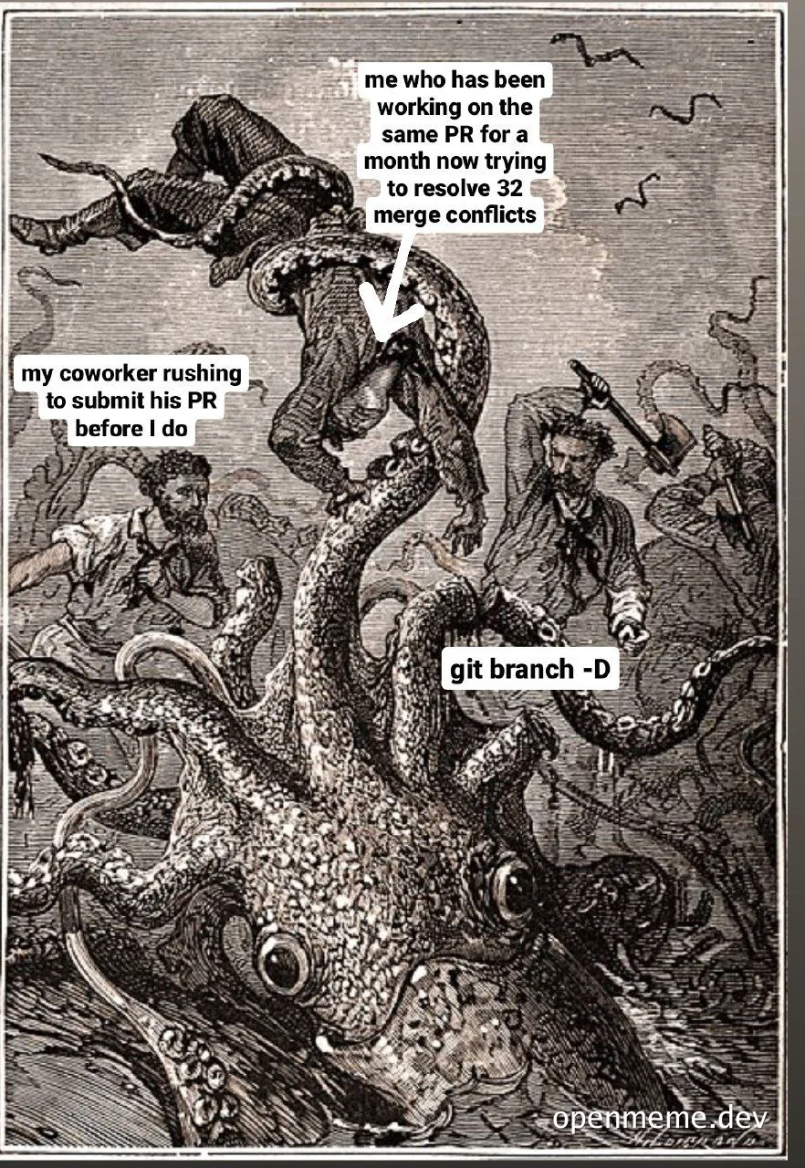 A developer struggles with merge conflicts while a coworker rushes to submit their pull request