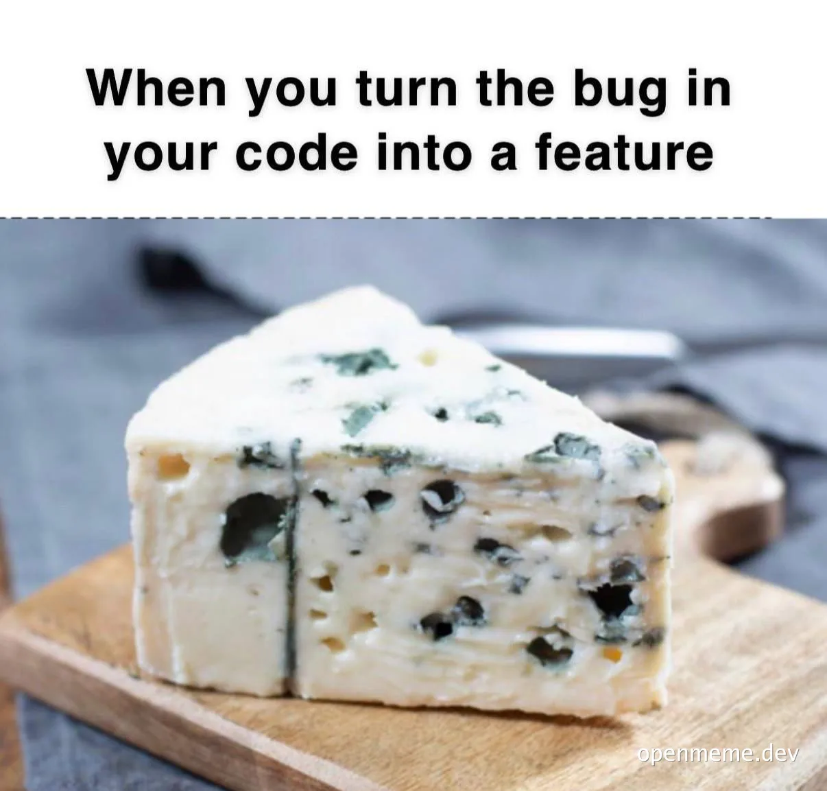 blue cheese on a wooden board with a caption 'When you turn the bug in your code into a feature'