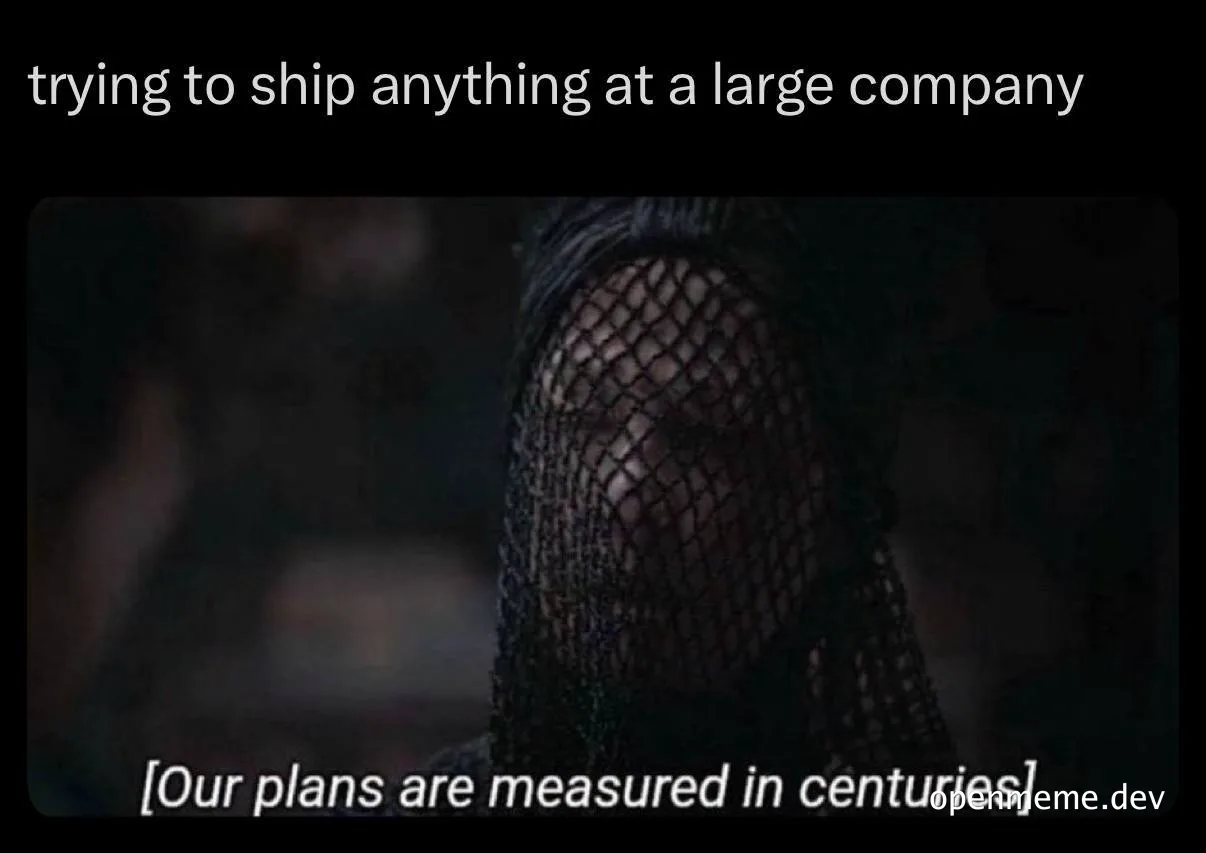 meme of a person with a dark fishnet sleeve and the caption 'trying to ship anything at a large company [Our plans are measured in centuries]'