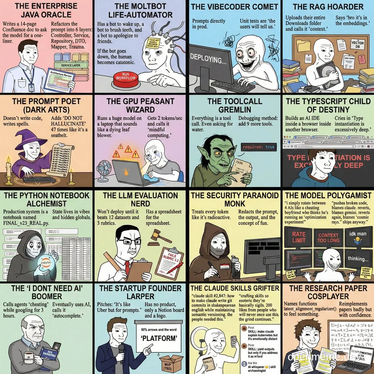 Meme depicting 16 different developer archetypes related to AI usage
