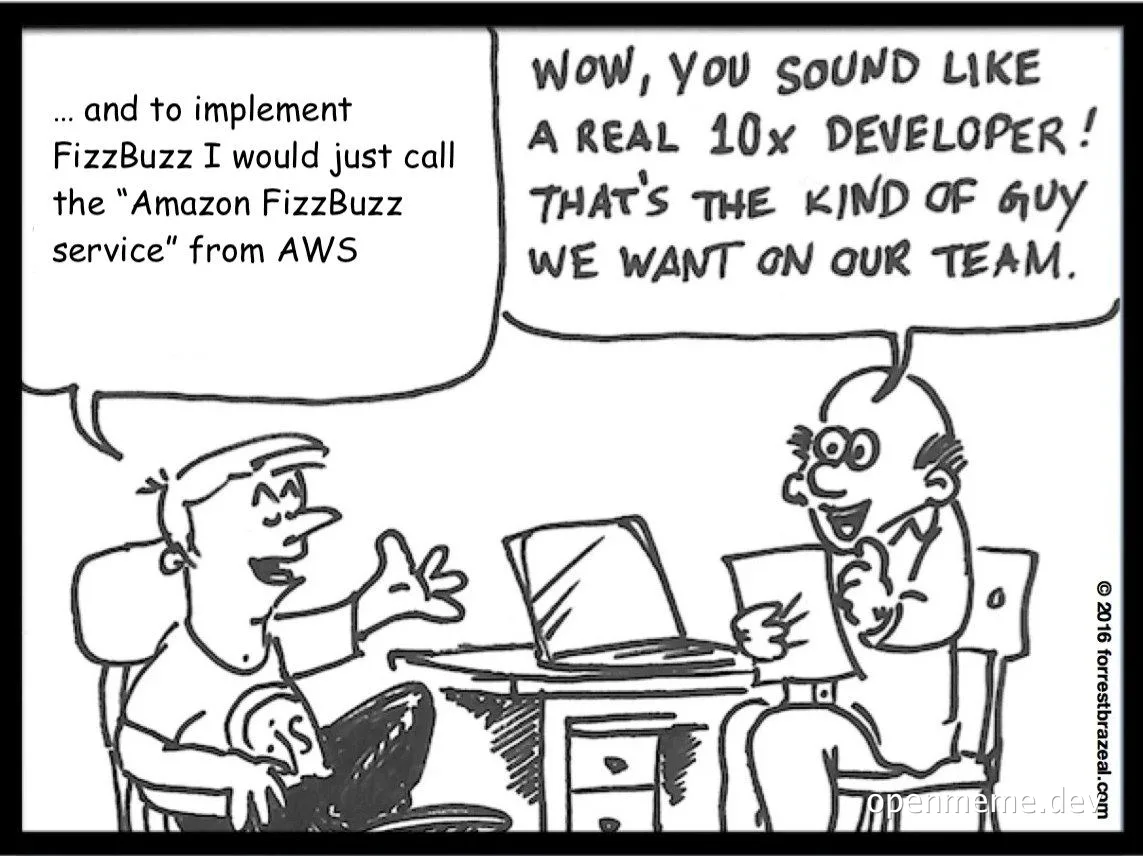 cartoon of two developers talking about 10x developer and FizzBuzz