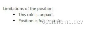 Text image listing job limitations: unpaid role and fully remote position