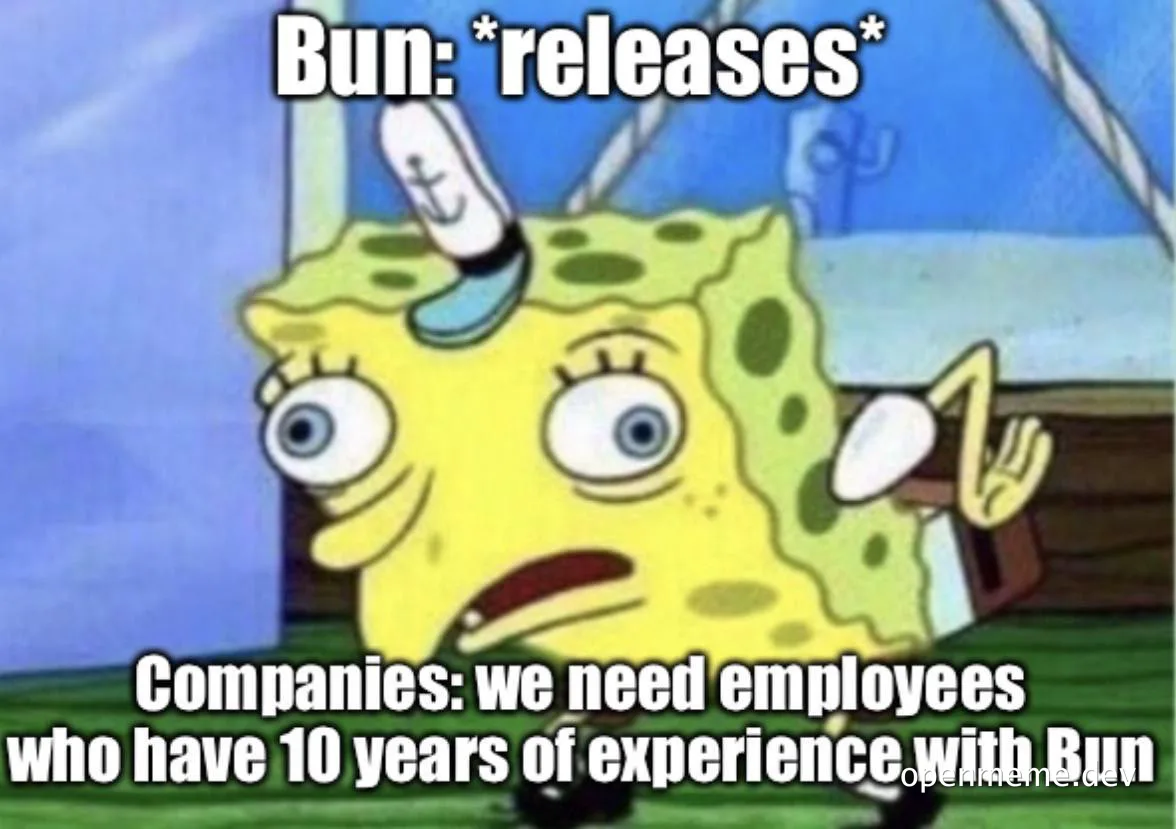 SpongeBob SquarePants looking worried with text about Bun releases and company expectations