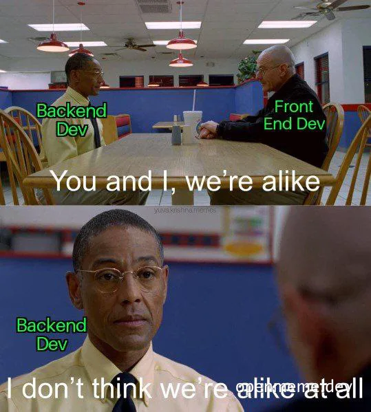Meme of two developers, backend and frontend, comparing their work