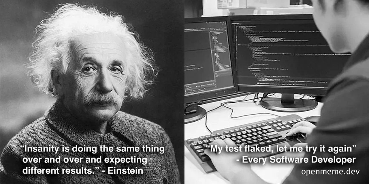 Albert Einstein and a software developer, humorously juxtaposed to highlight the similarity between Einstein's definition of insanity and a developer's approach to flaky tests.