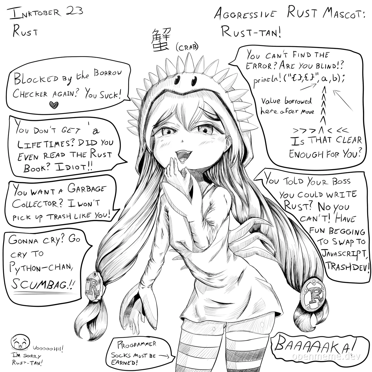 Aggressive Rust mascot Rust-tan scolding someone