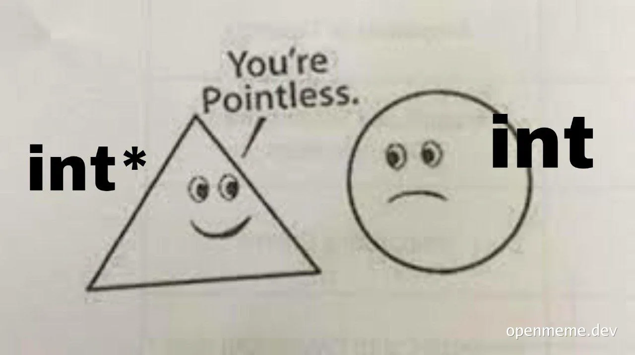 A triangle with a smiling face and a circle with a frowning face, labeled int* and int respectively, with the triangle saying 'You're Pointless.'