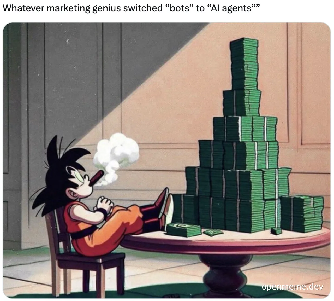Cartoon character sitting with a large stack of money and a cigarette, implying profit from rebranding 'bots' to 'AI agents'