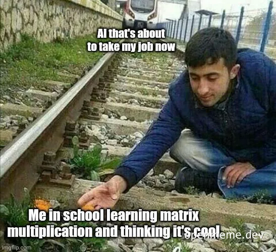 Man crouching by train tracks, reaching for a cactus with a caption about AI taking jobs and learning matrix multiplication