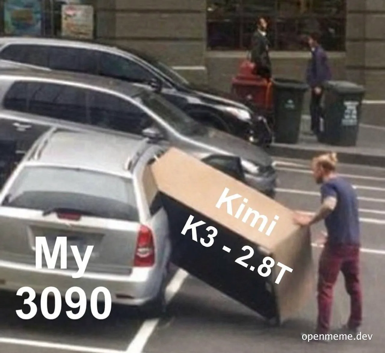 A man struggling to fit a huge box labeled 'Kimi K3 - 2.8T' into the trunk of a car labeled 'My 3090'.