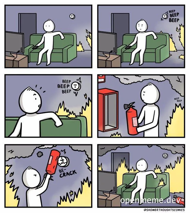 cartoon man uses fire extinguisher on burning house
