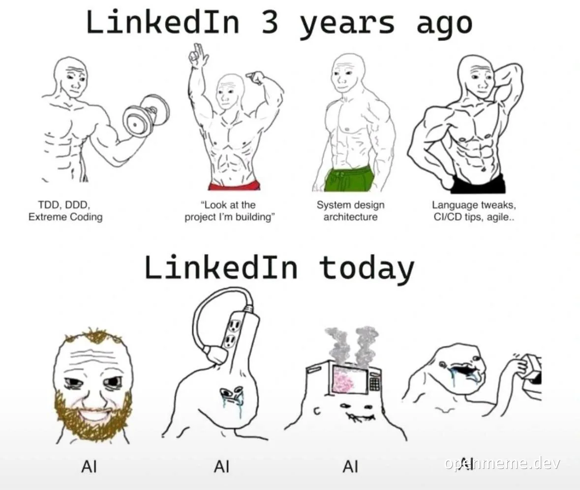LinkedIn meme comparing developer skills 3 years ago to today with AI