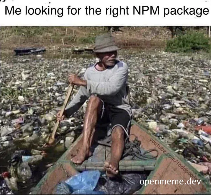 Man in a boat on a sea of trash looking for the right NPM package