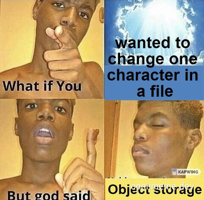 funny meme about changing a character in a file and object storage