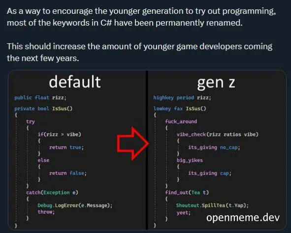 C# code comparison with Gen Z slang