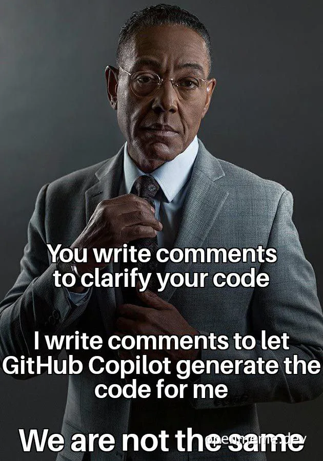 a man in a suit with text about writing comments in code