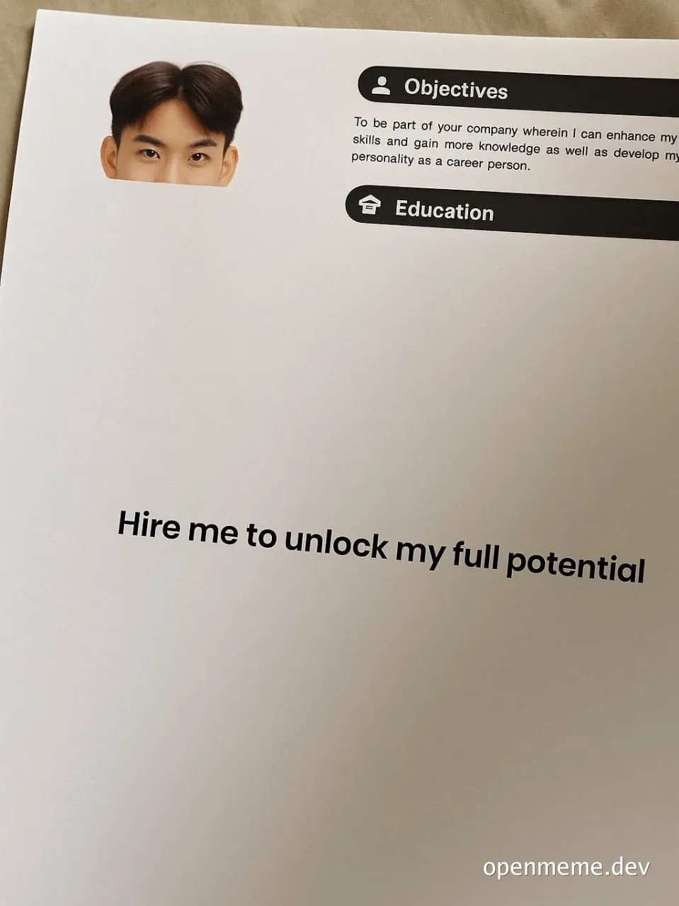 A resume with a photo of a man and the text 'Hire me to unlock my full potential'