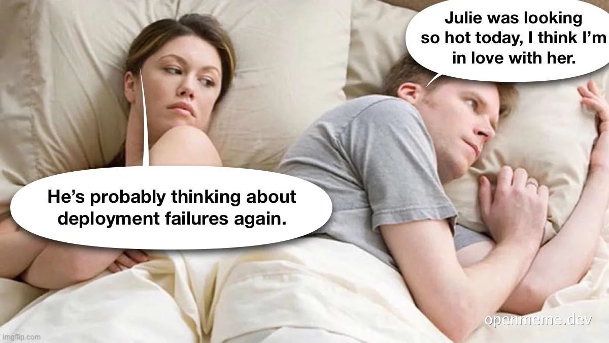 Couple in bed with speech bubbles about deployment failures and workplace attraction