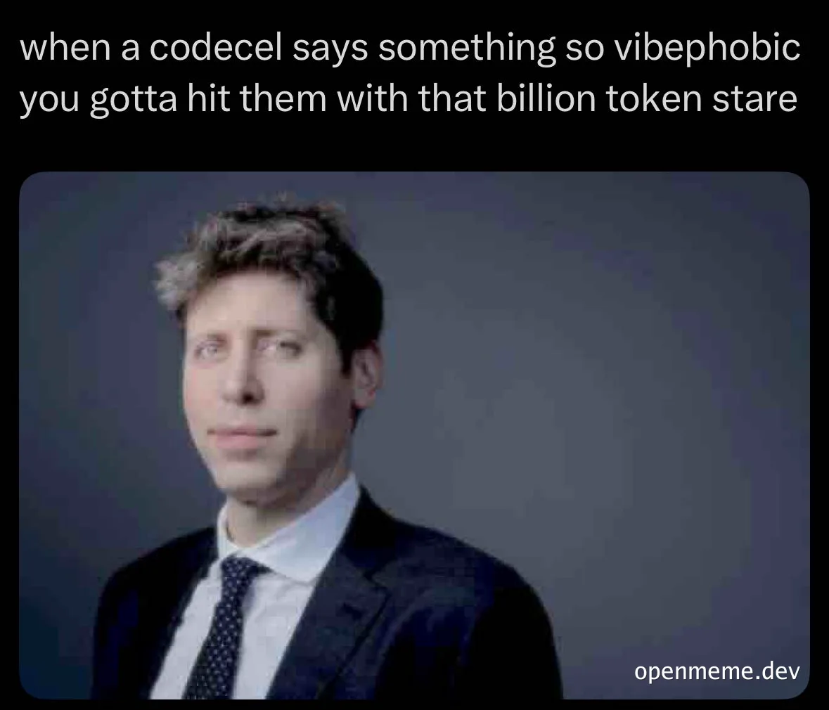 Sam Altman meme with a serious expression and the caption 'when a codecel says something so vibephobic you gotta hit them with that billion token stare'