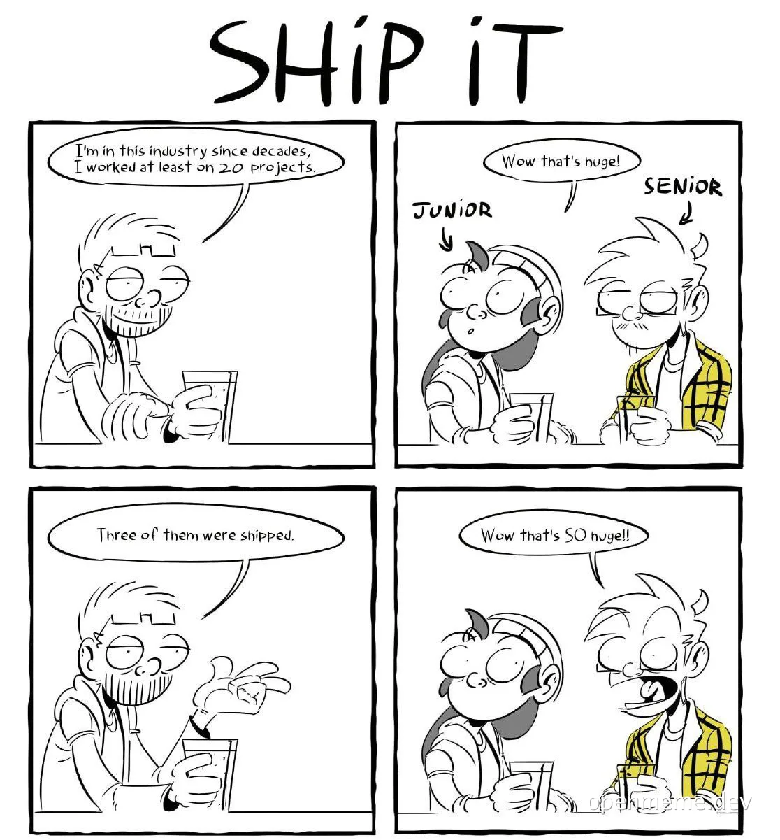 comic about senior and junior developer discussing projects shipped