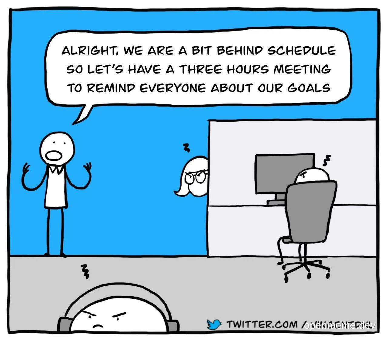 cartoon office scene with a meeting announcement