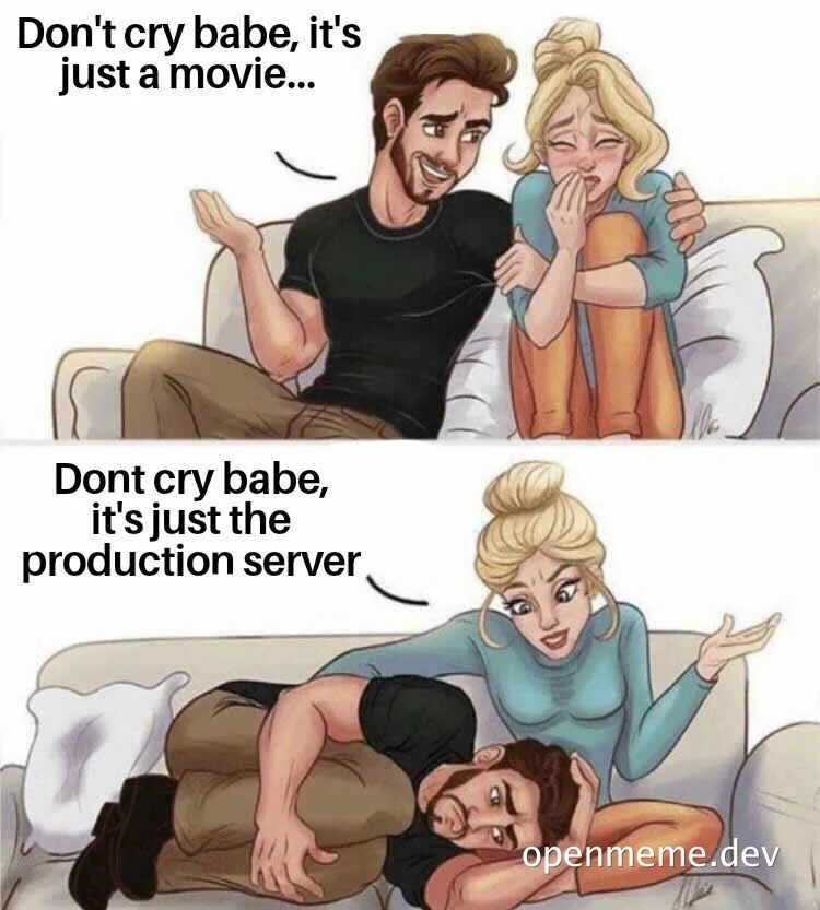 humorous meme about developer stress with a couple on a couch