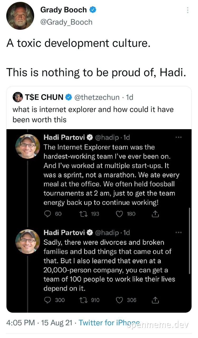A toxic development culture meme featuring Grady Booch and Hadi Partovi