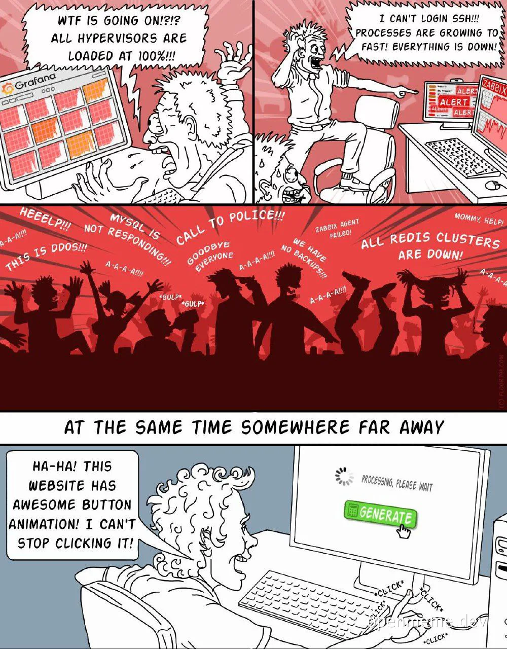 Comic strip depicting IT crisis and button clicker