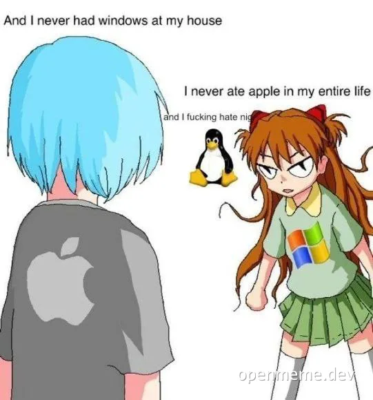 Cartoon characters representing Apple and Microsoft discussing tech brand loyalty