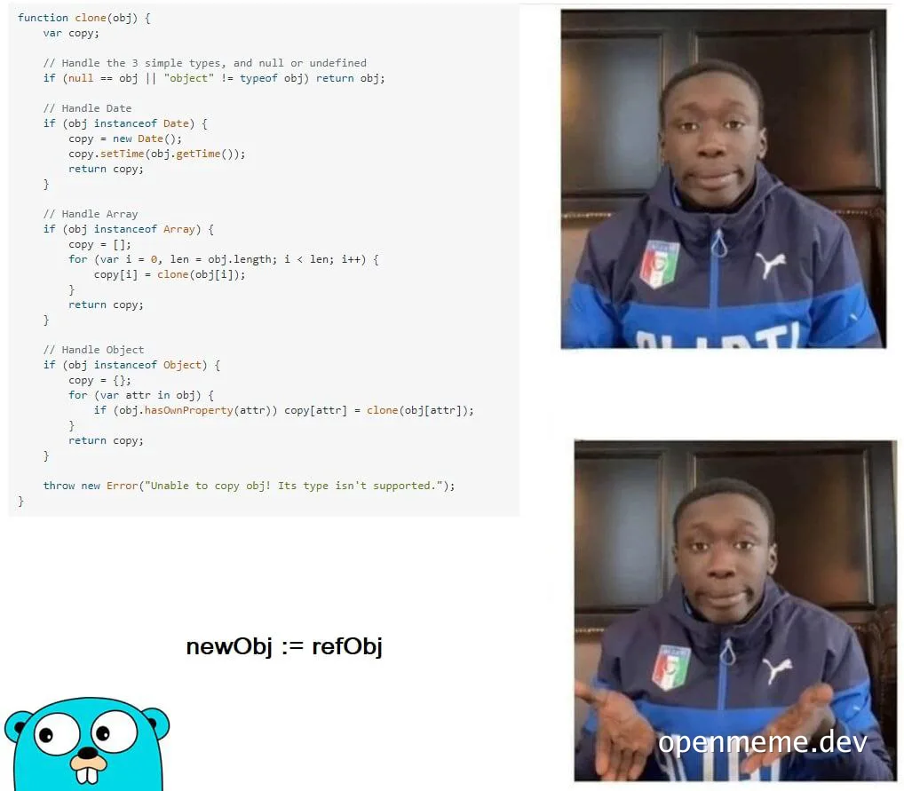 meme of man shrugging with code on left and rust logo