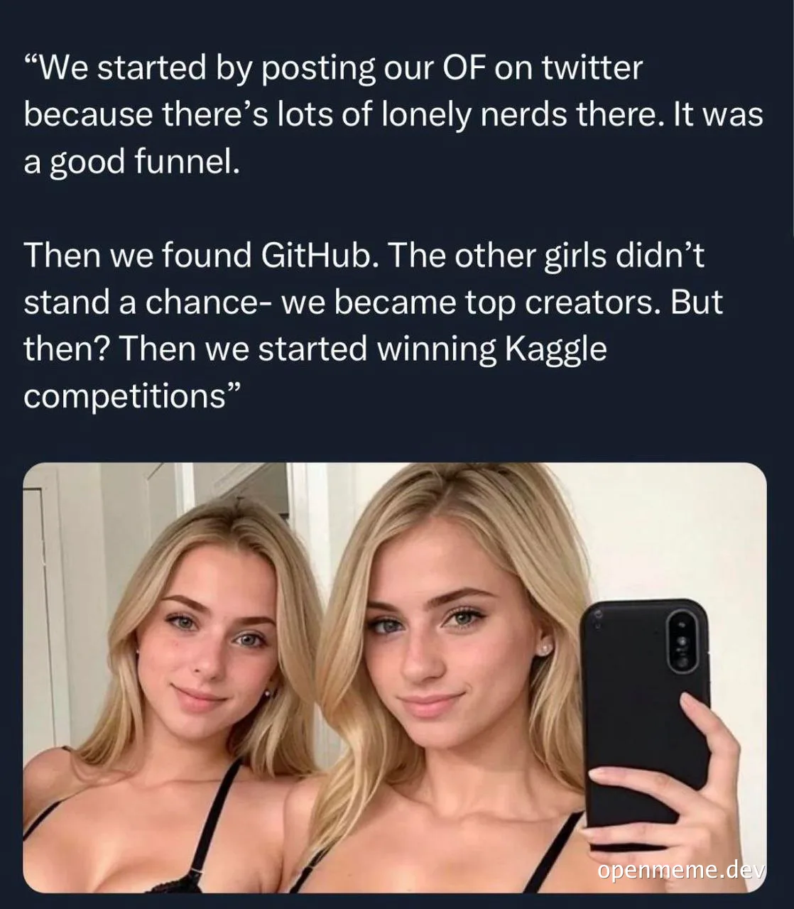 Two blonde women taking a selfie with a smartphone, with text about success on Twitter, GitHub, and Kaggle competitions