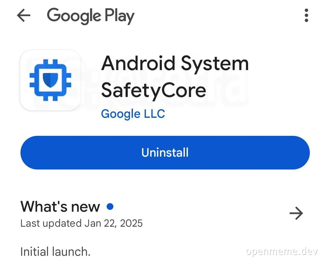 Android System SafetyCore app uninstall page