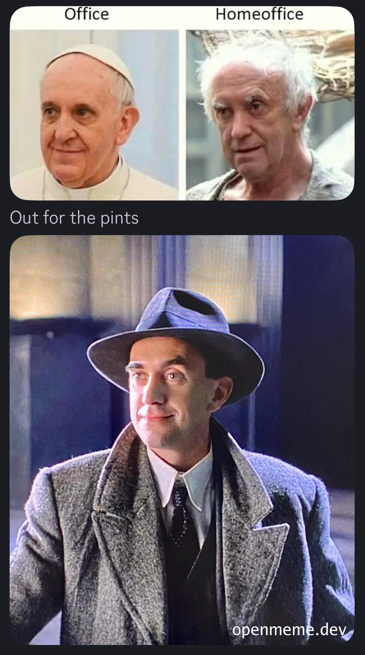 Pope and disheveled old man looking surprised with a third man in a coat and hat looking smug
