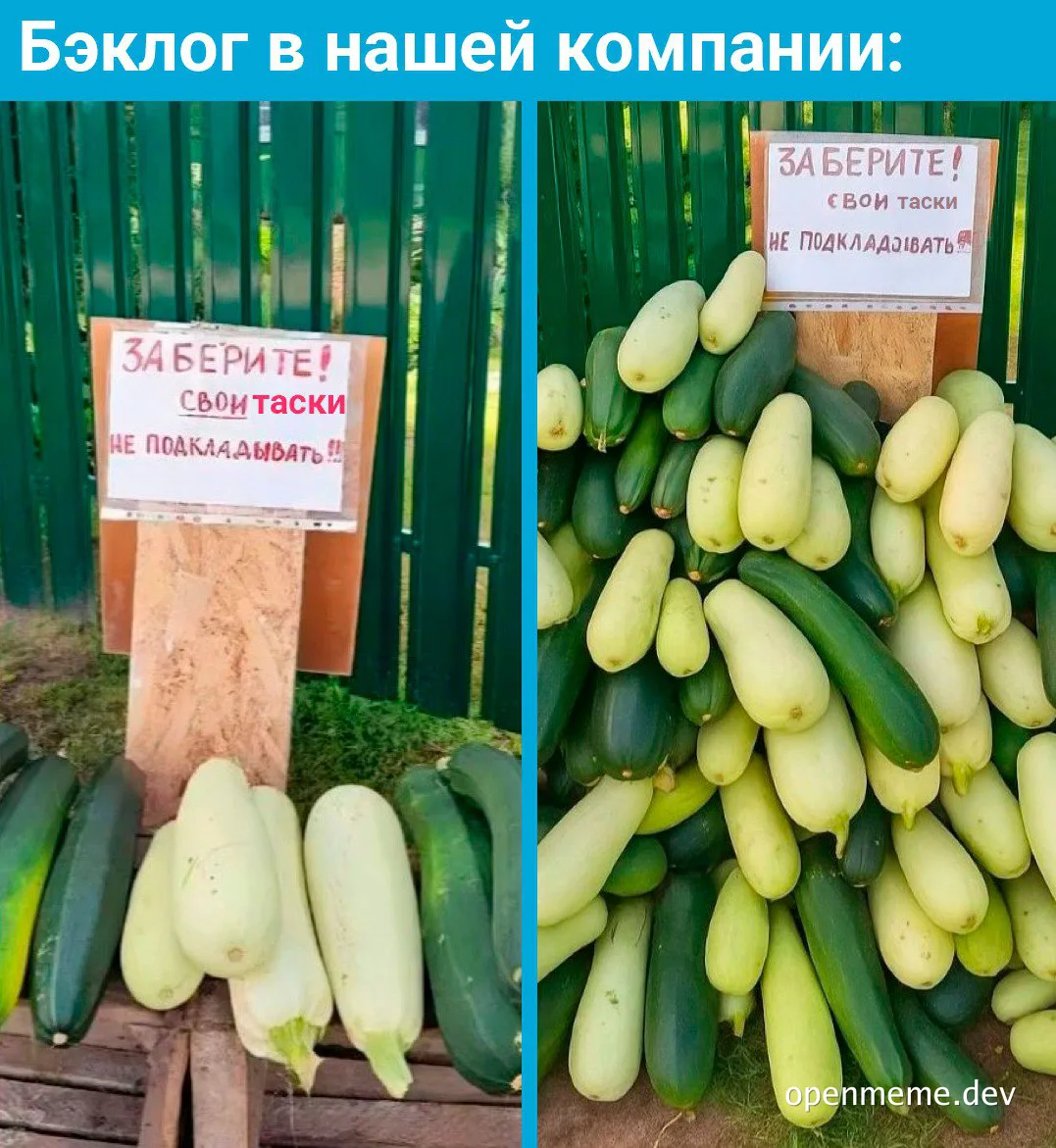 Cucumbers with a sign that says 'Pick up your tasks! Don't pile up!'