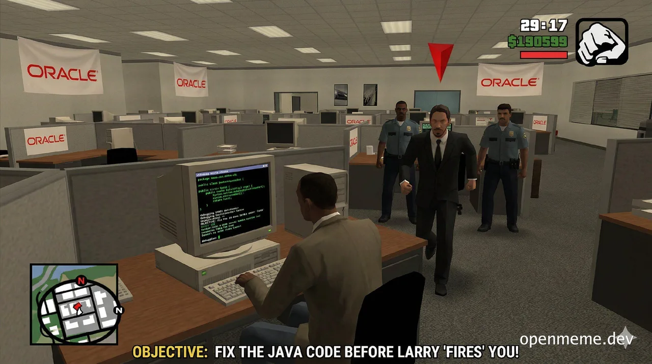 Cartoon programmer working at Oracle office while police officers and a suited man approach