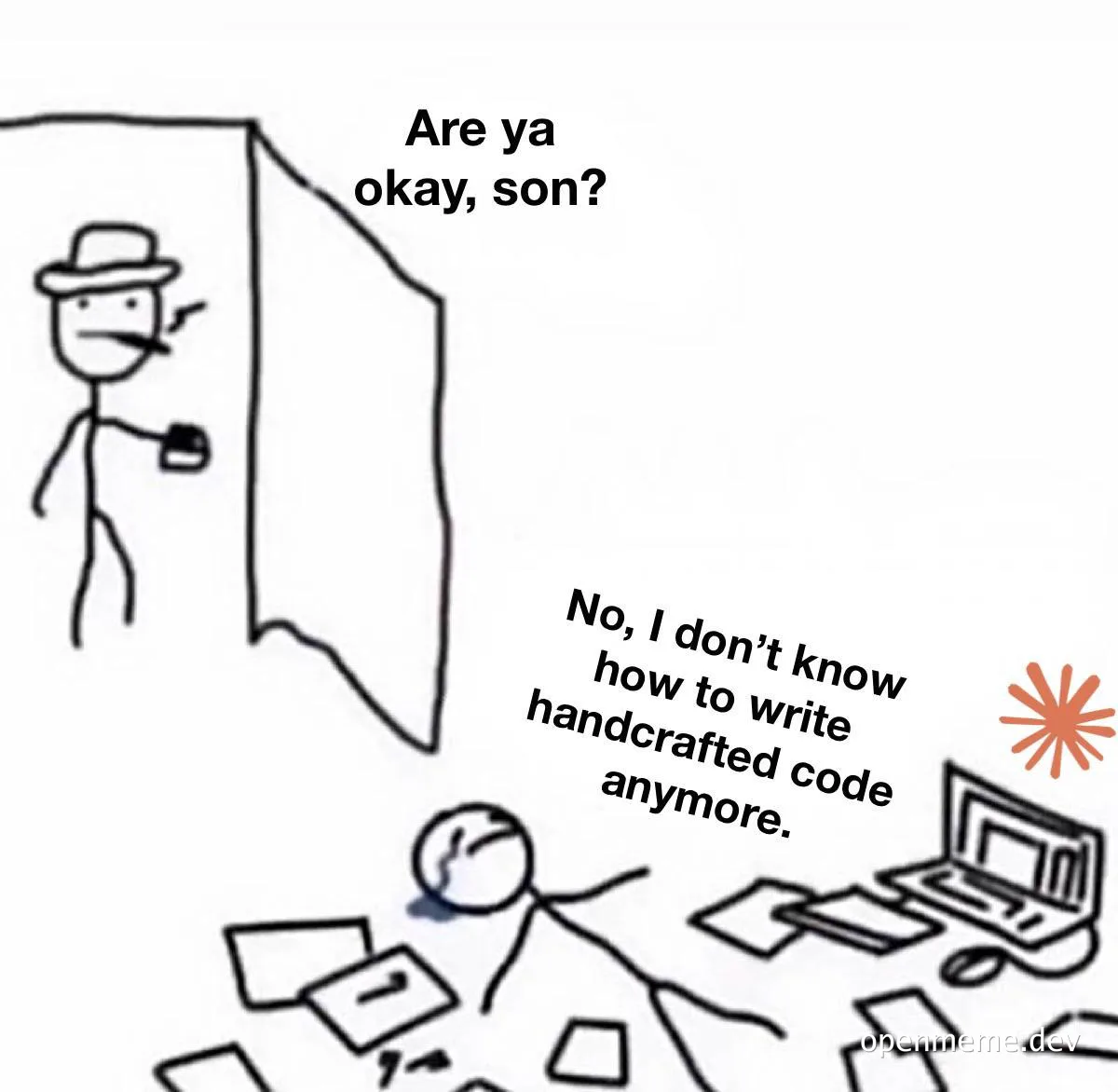 Stick figure drawing of a senior developer asking a crying junior developer if they are okay, with the junior admitting they forgot how to write code manually.