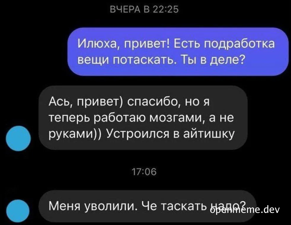 russian text message conversation about quitting manual labor for IT job