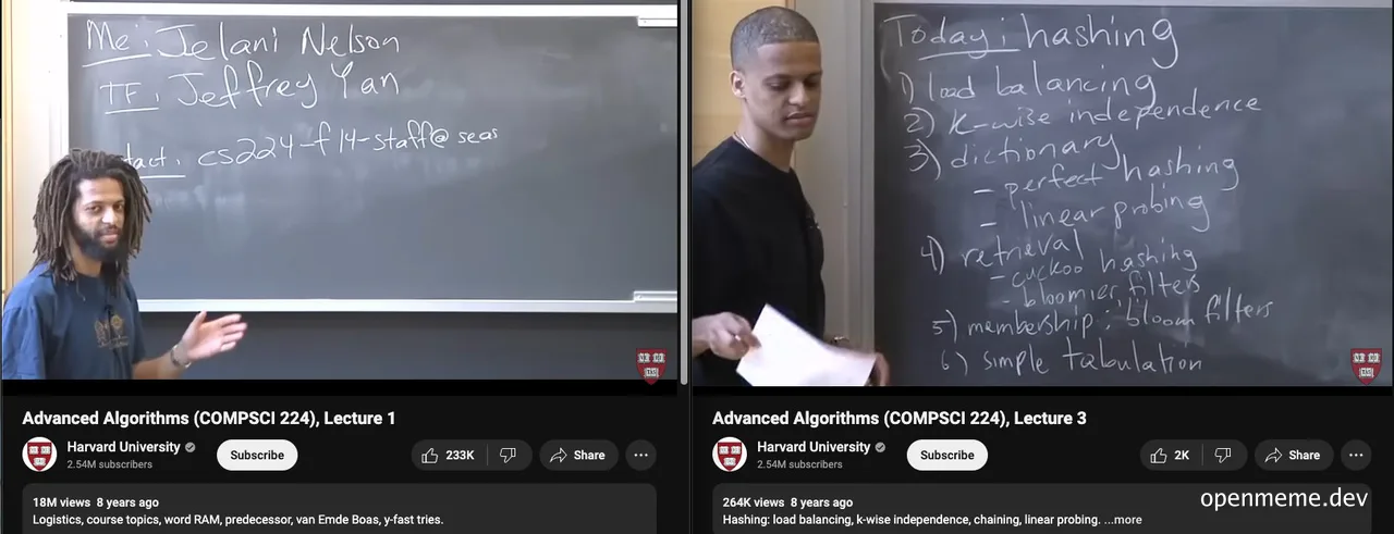 Two screenshots from Harvard University's Advanced Algorithms (COMPSCI 224) lectures on hashing and algorithms
