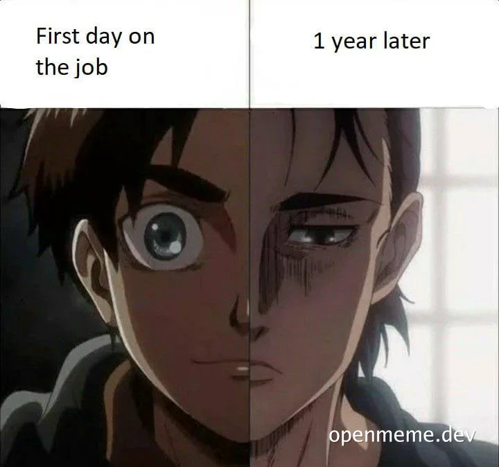 Eren Yeager from Attack on Titan with a shocked expression on the left and a tired expression on the right