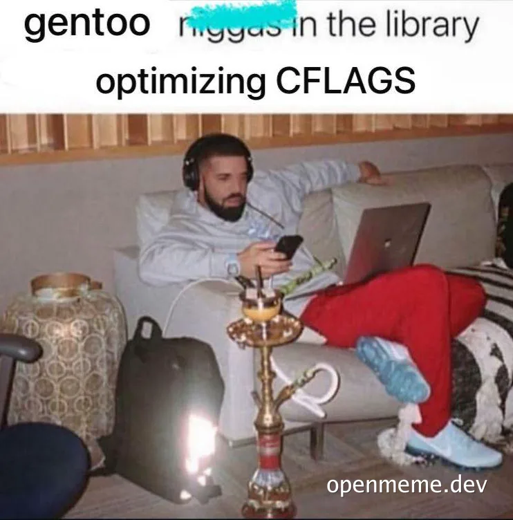 Man relaxing on a couch with a laptop and hookah, implying optimization of CFLAGS in a Gentoo Linux context.