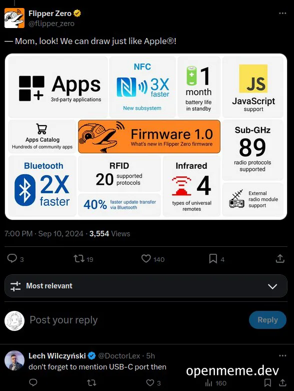 Flipper Zero tweet displaying a mock specification sheet with icons for JavaScript, NFC, and Bluetooth, parodying Apple's presentation style.