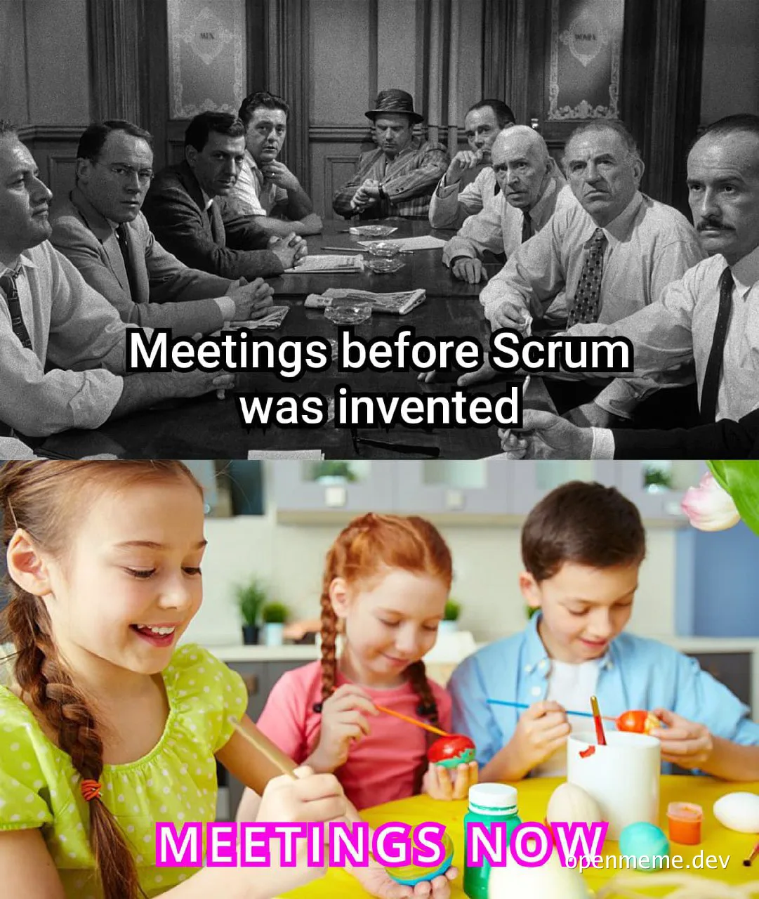 a black and white photo of businessmen in a meeting and a color photo of children painting
