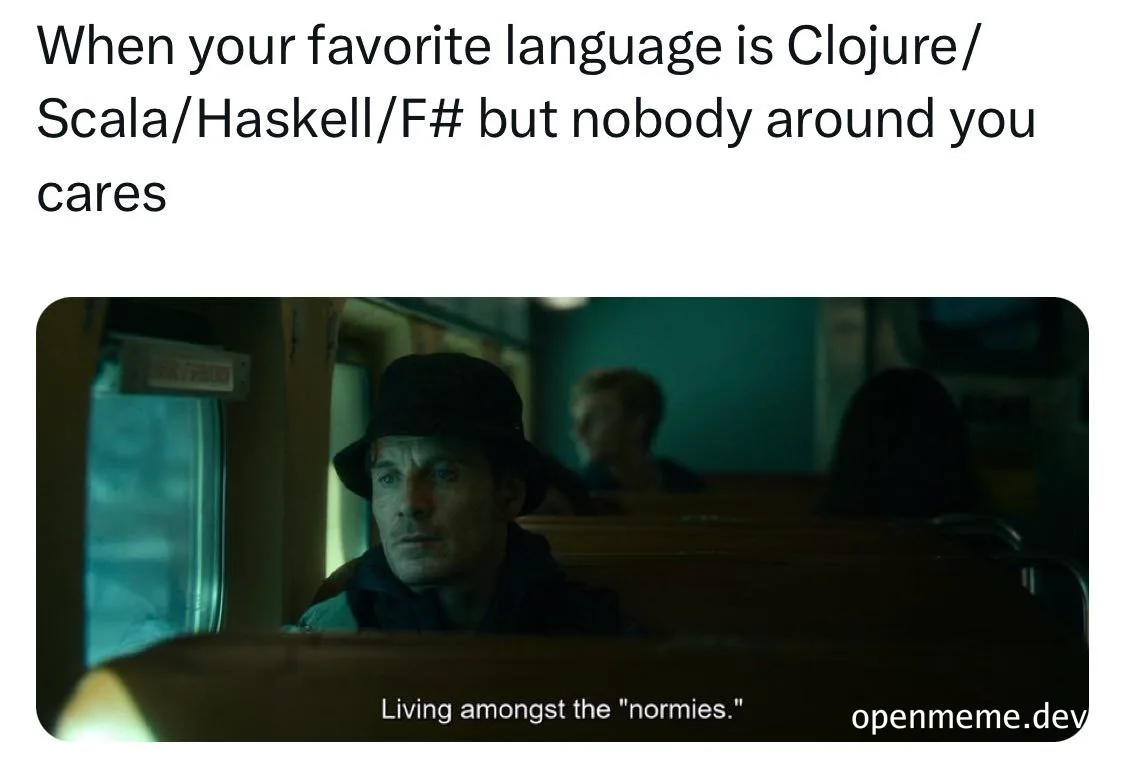 meme about a man sitting on a train looking disinterested with text 'Living amongst the normies'