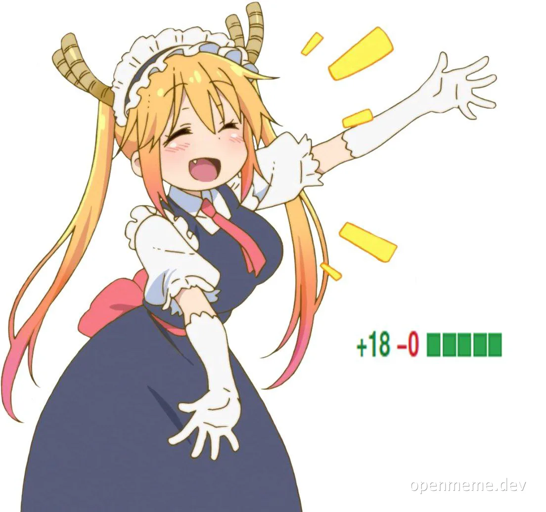 anime girl with blonde hair and horns celebrating with a +18 -0 code review