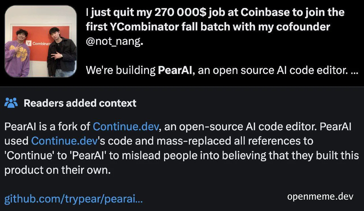 Two men posing in front of a Y Combinator sign, with text about quitting a $270,000 job at Coinbase