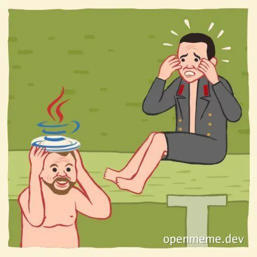 Cartoon of two developers: one balancing a hot plate on their head and the other rubbing their temples in distress.