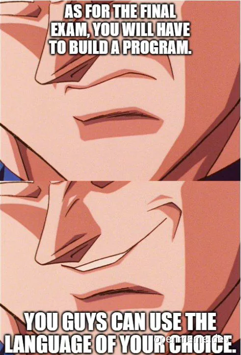 angry anime character with text 'AS FOR THE FINAL EXAM, YOU WILL HAVE TO BUILD A PROGRAM. YOU GUYS CAN USE THE LANGUAGE OF YOUR CHOICE.'