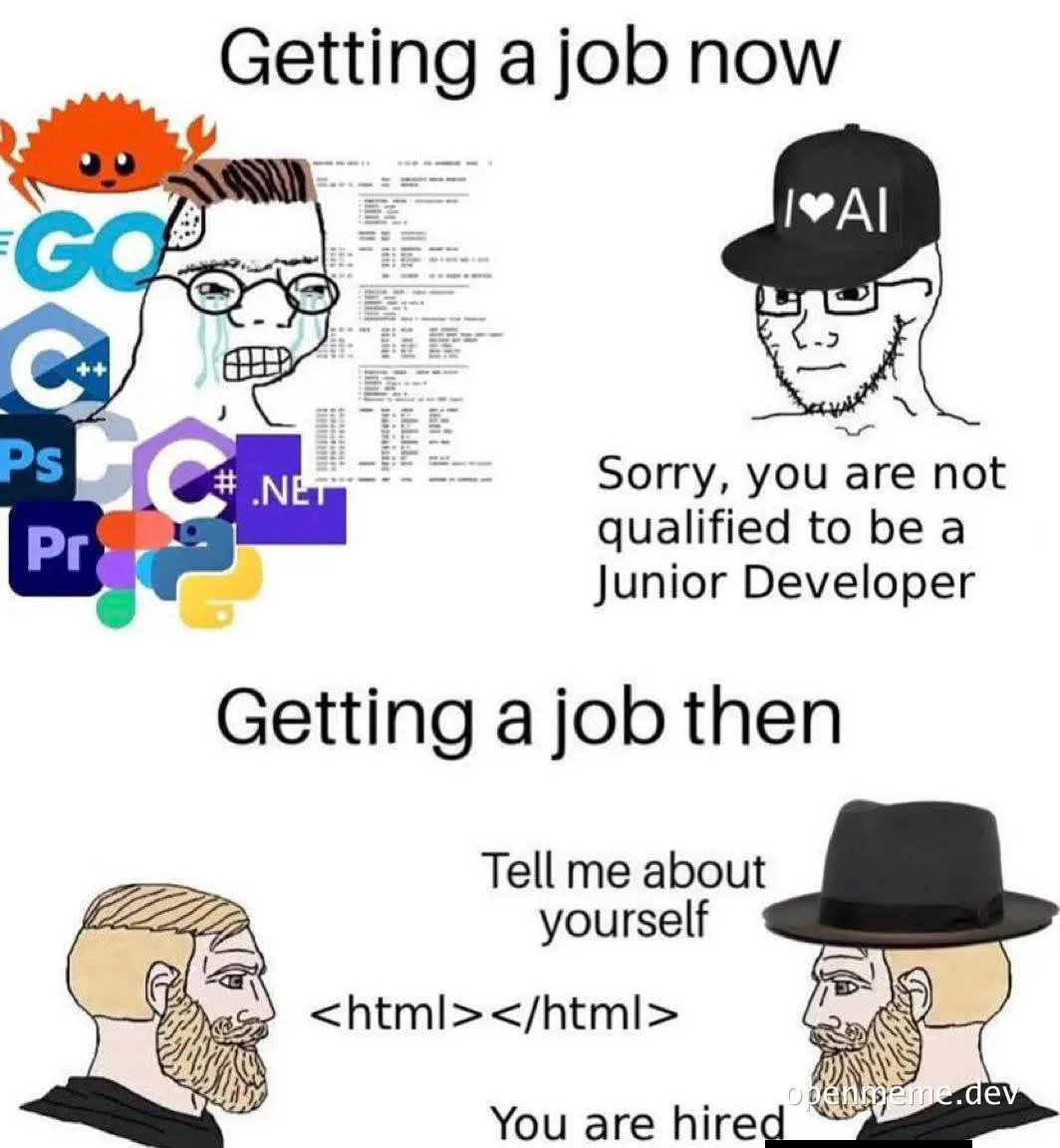 job market meme comparing modern and old developer hiring practices